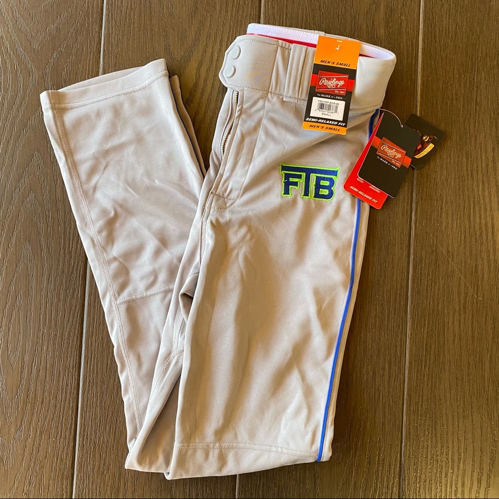 Rawlings Adult Small Baseball Pants Semi-Relaxed Fit grey blue piping FTB Patch